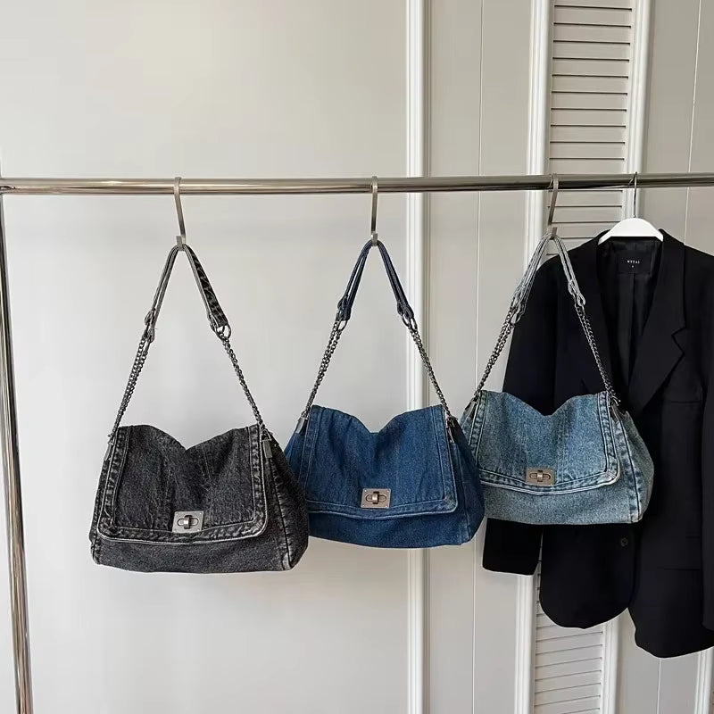Solid Color Denim Canvas Multi-Functional Shoulder Bag - Fashionable Minimalist Casual Handbag with American Retro Style
