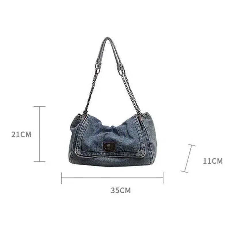 Solid Color Denim Canvas Multi-Functional Shoulder Bag - Fashionable Minimalist Casual Handbag with American Retro Style