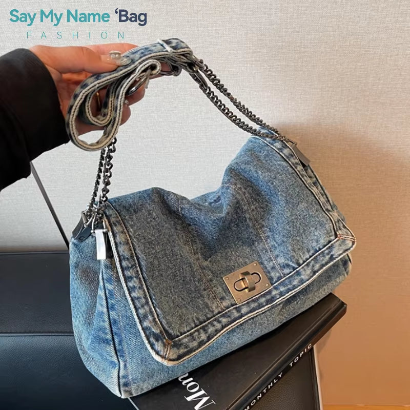 Solid Color Denim Canvas Multi-Functional Shoulder Bag - Fashionable Minimalist Casual Handbag with American Retro Style