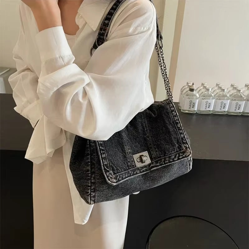 Solid Color Denim Canvas Multi-Functional Shoulder Bag - Fashionable Minimalist Casual Handbag with American Retro Style