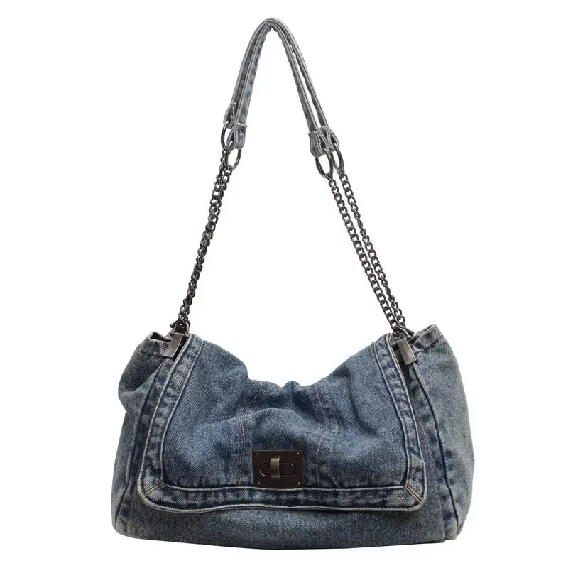 Solid Color Denim Canvas Multi-Functional Shoulder Bag - Fashionable Minimalist Casual Handbag with American Retro Style