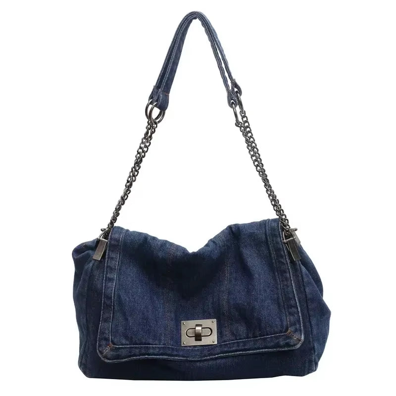 Solid Color Denim Canvas Multi-Functional Shoulder Bag - Fashionable Minimalist Casual Handbag with American Retro Style