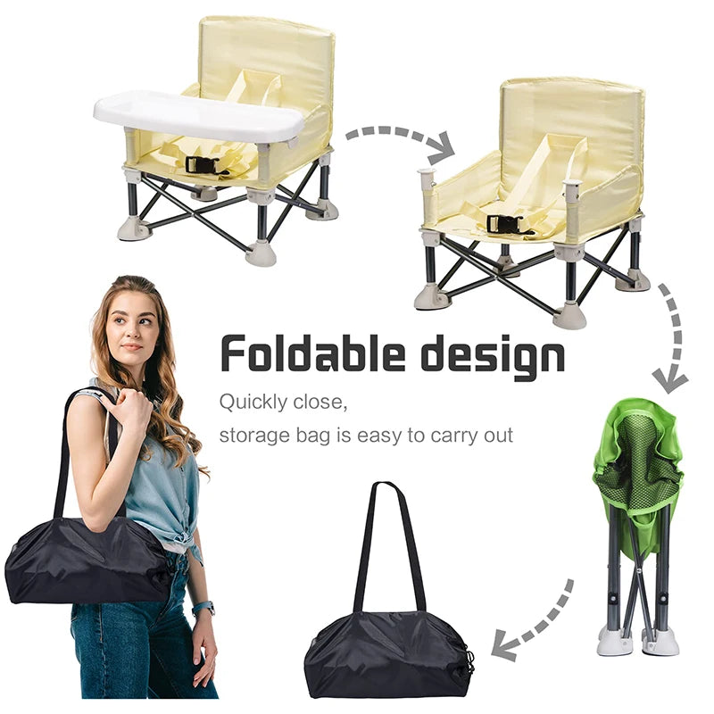 Portable Foldable Baby Dining Chair with Safety Belt and Plate - Ideal for Camping and Beach Use