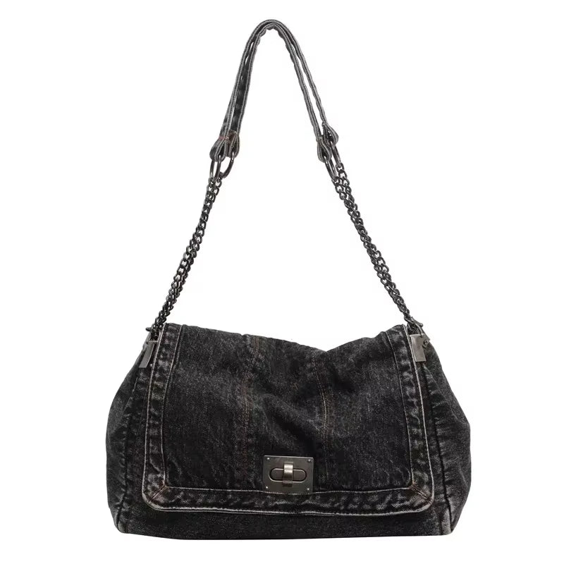Solid Color Denim Canvas Multi-Functional Shoulder Bag - Fashionable Minimalist Casual Handbag with American Retro Style