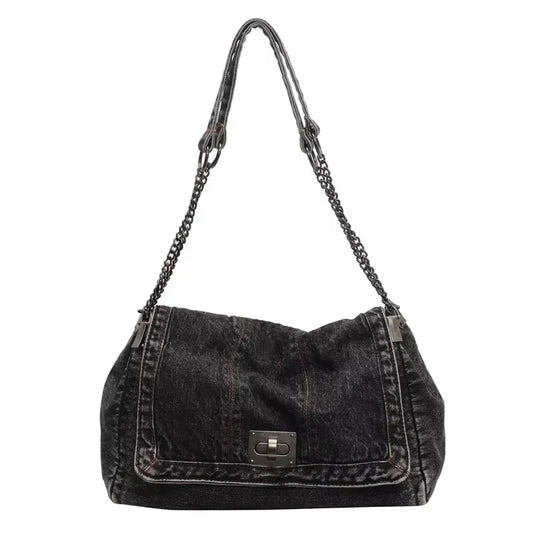 Solid Color Denim Canvas Multi-Functional Shoulder Bag - Fashionable Minimalist Casual Handbag with American Retro Style